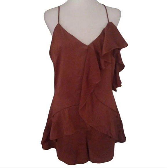 Dress Forum Dusty Rose Asymmetrical Ruffle Romper Feminine Size Medium - Picture 2 of 9